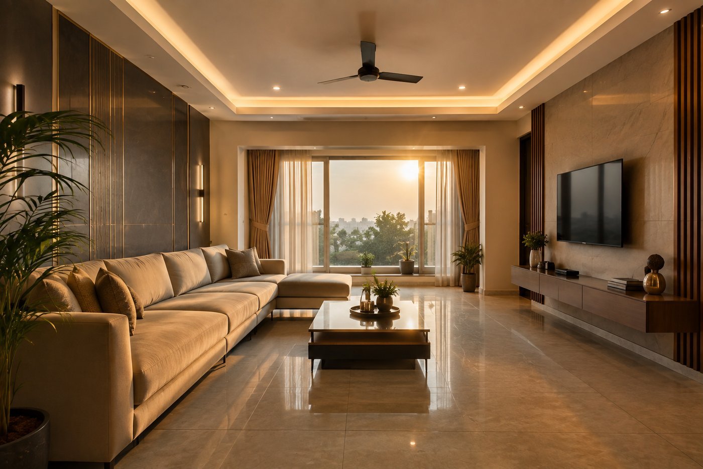 Warm, finished living room interior — Apex Build Studio interior execution