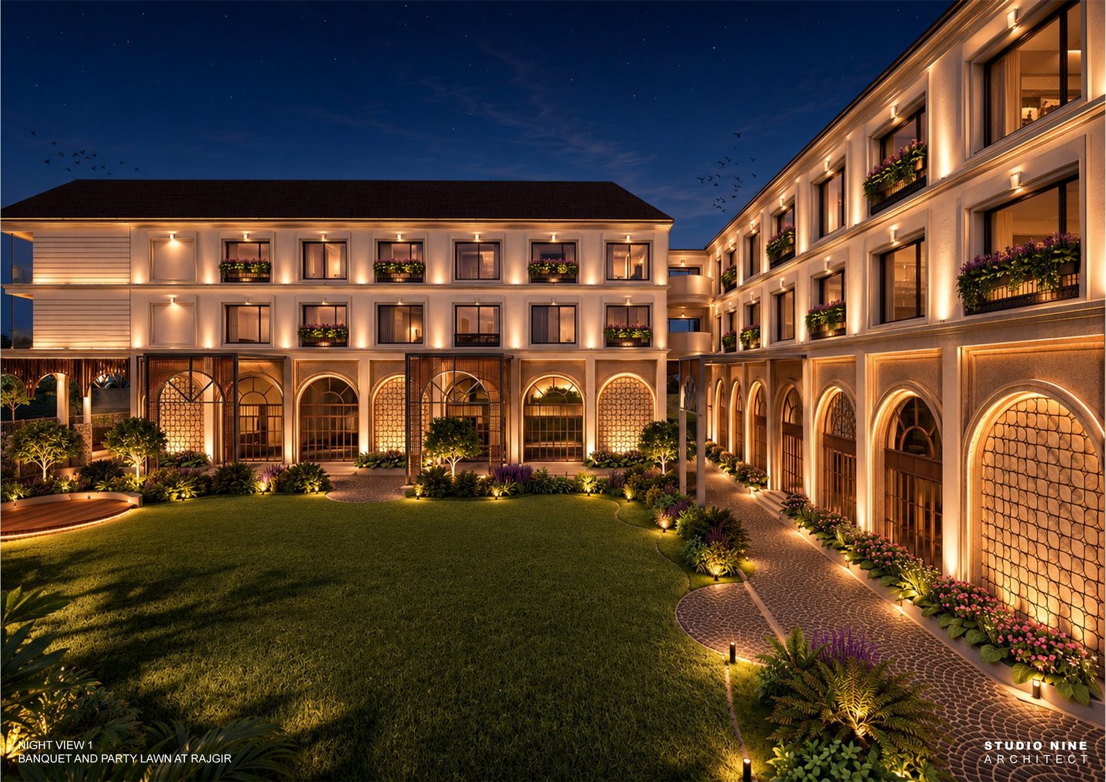 Night-time architectural visualization of the Rajgir Banquet Hall & Party Lawn, warmly lit facade under a dusk sky