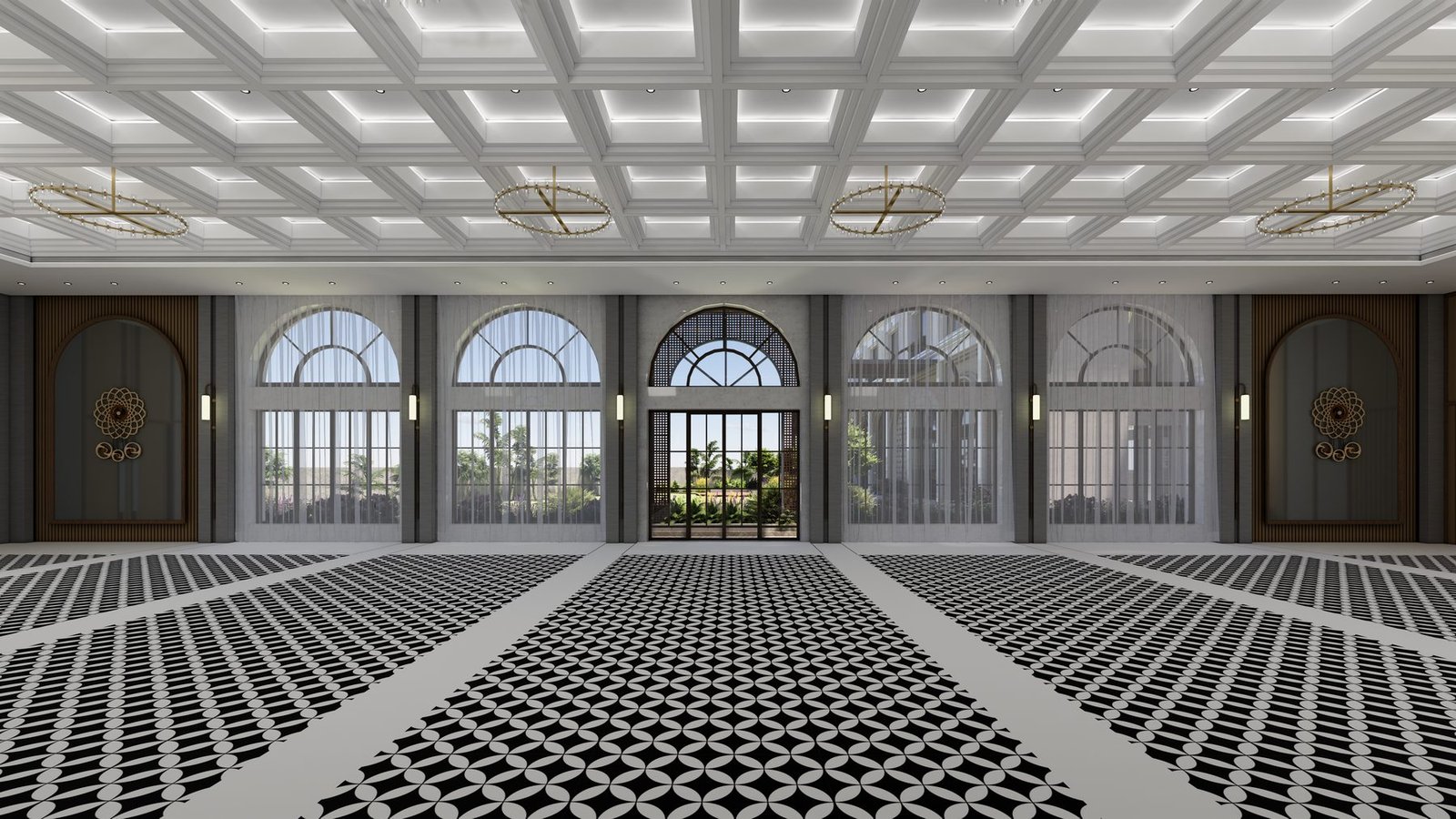Symmetrical interior view of the Rajgir Banquet Hall showing coffered ceiling and arched glazed facade